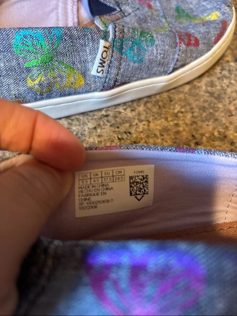 TOMS Gray Slip-On Shoes with Multicolor Butterfly Accents